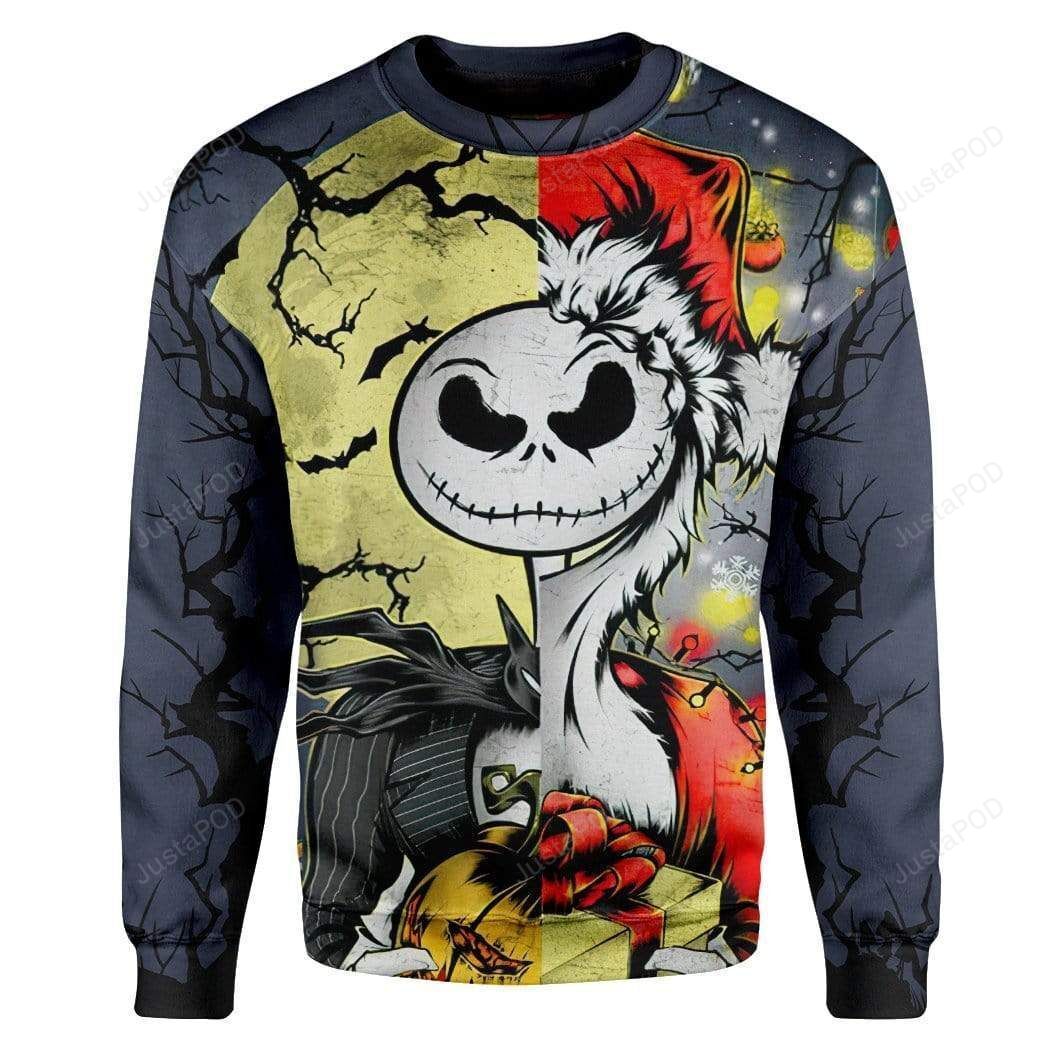 3D Jack Skellington Halloween And Grinch Christmas Sweatshirt 3D Jack Skellington Halloween And Grinch Christmas Sweatshirt