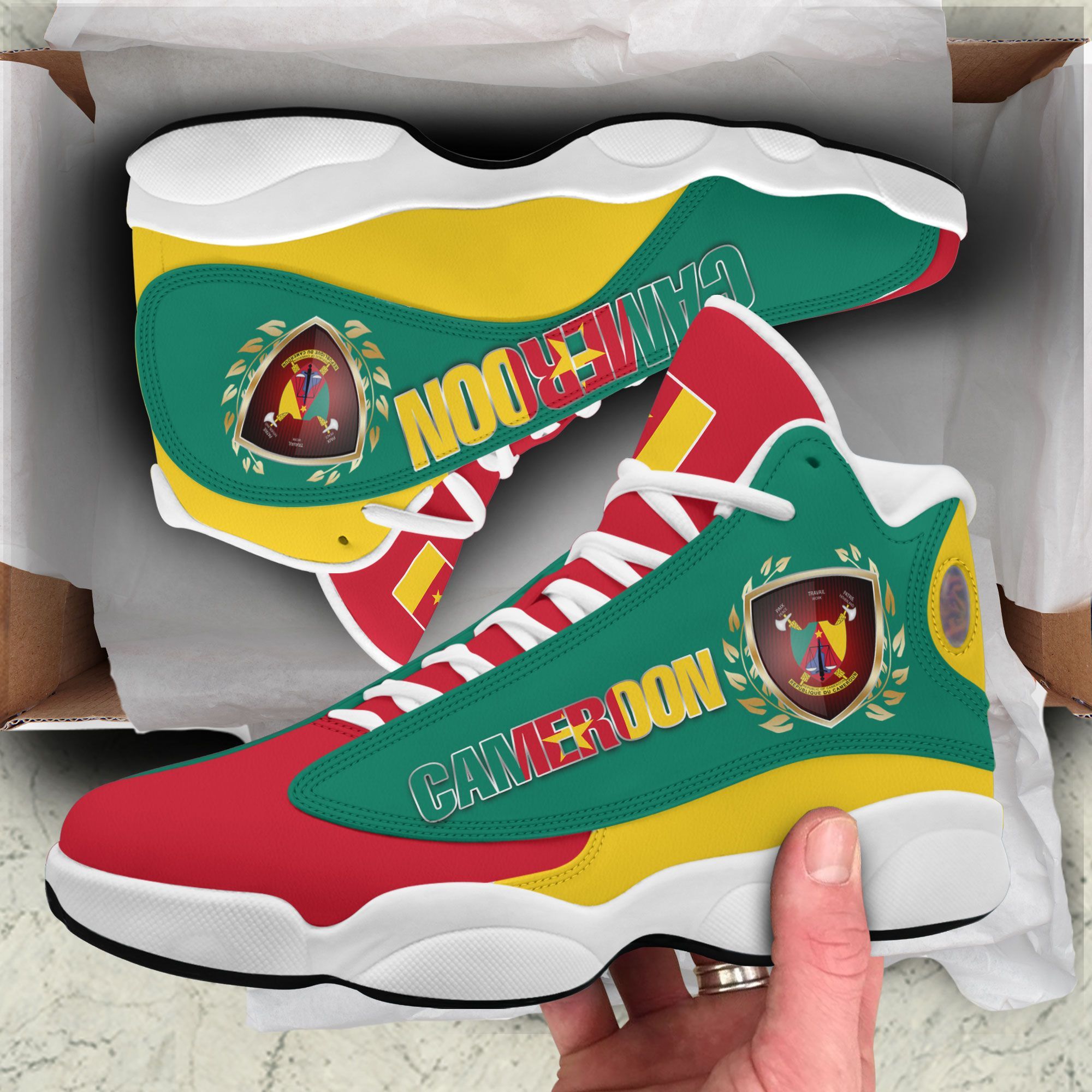 Coat Of Arms Of Cameroon Flag Yellow Green Air Jordan 13 Shoes Coat Of Arms Of Cameroon Flag Yellow Green Air Jordan 13 Shoes