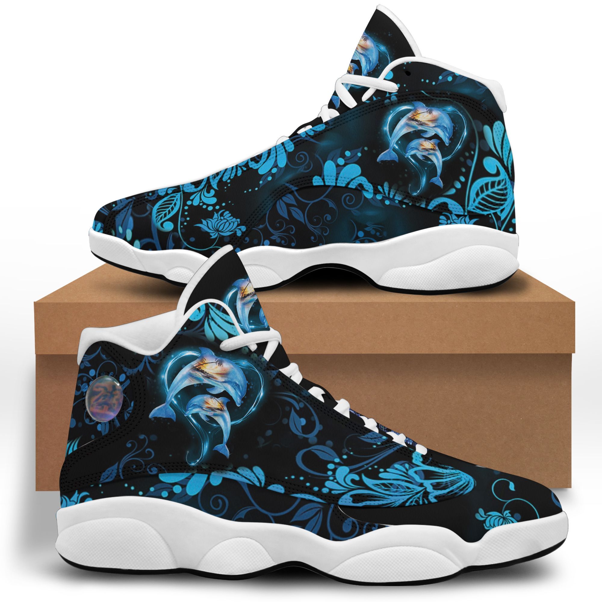 Dolphins Couple Flower Black Blue Air Jordan 13 Shoes Dolphins Couple Flower Black Blue Air Jordan 13 Shoes