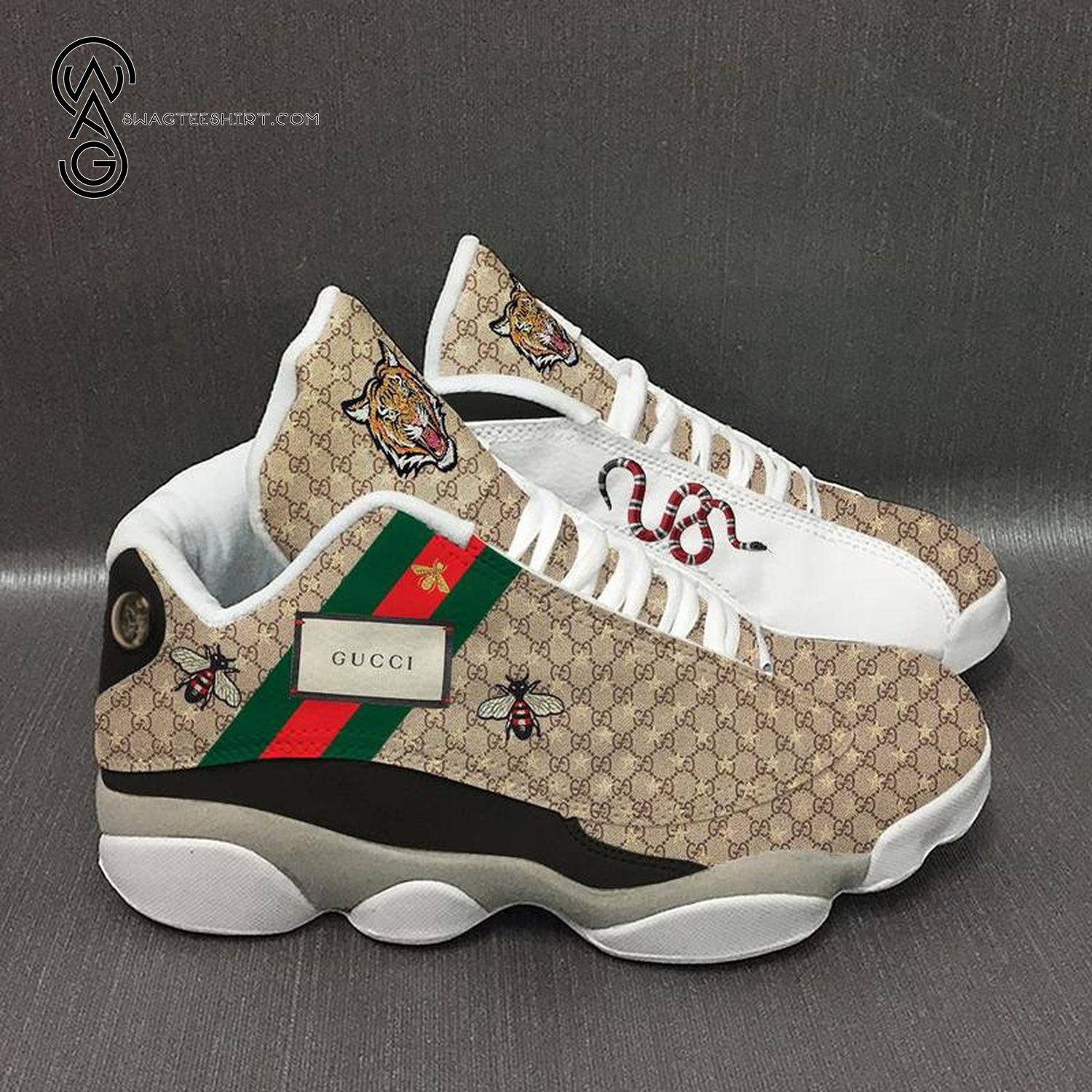 Gucci Bee Snake And Tiger Monogram Air Jordan 13 Sneakers Gucci Bee Snake And Tiger Monogram Air Jordan 13 Sneakers