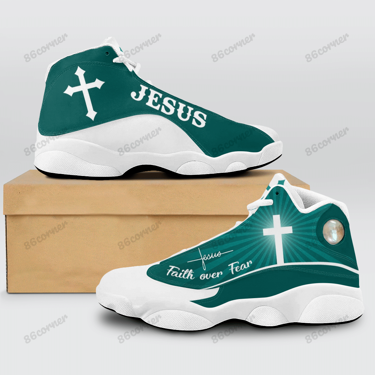 Jesus Cross Faith Over Fear Teal Air Jordan 13 Shoes Jesus Cross Faith Over Fear Teal Air Jordan 13 Shoes