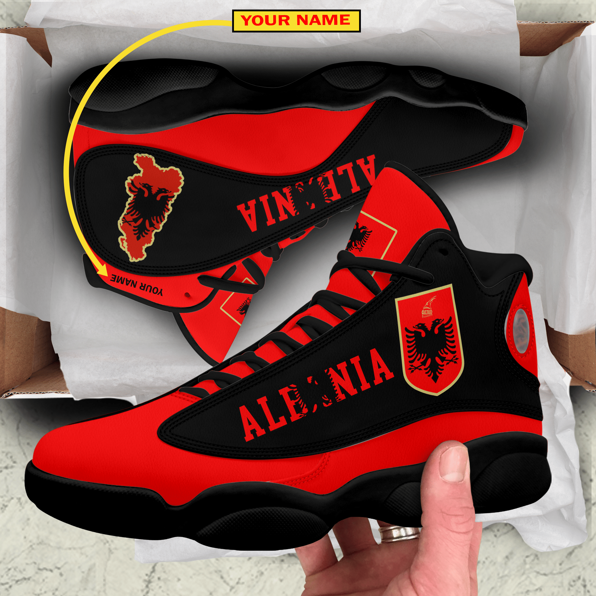 Personalized Coat Of Arms Of Albania Map Red Black Custom Air Jordan 13 Shoes Personalized Coat Of Arms Of Albania Map Red Black Custom Air Jordan 13 Shoes