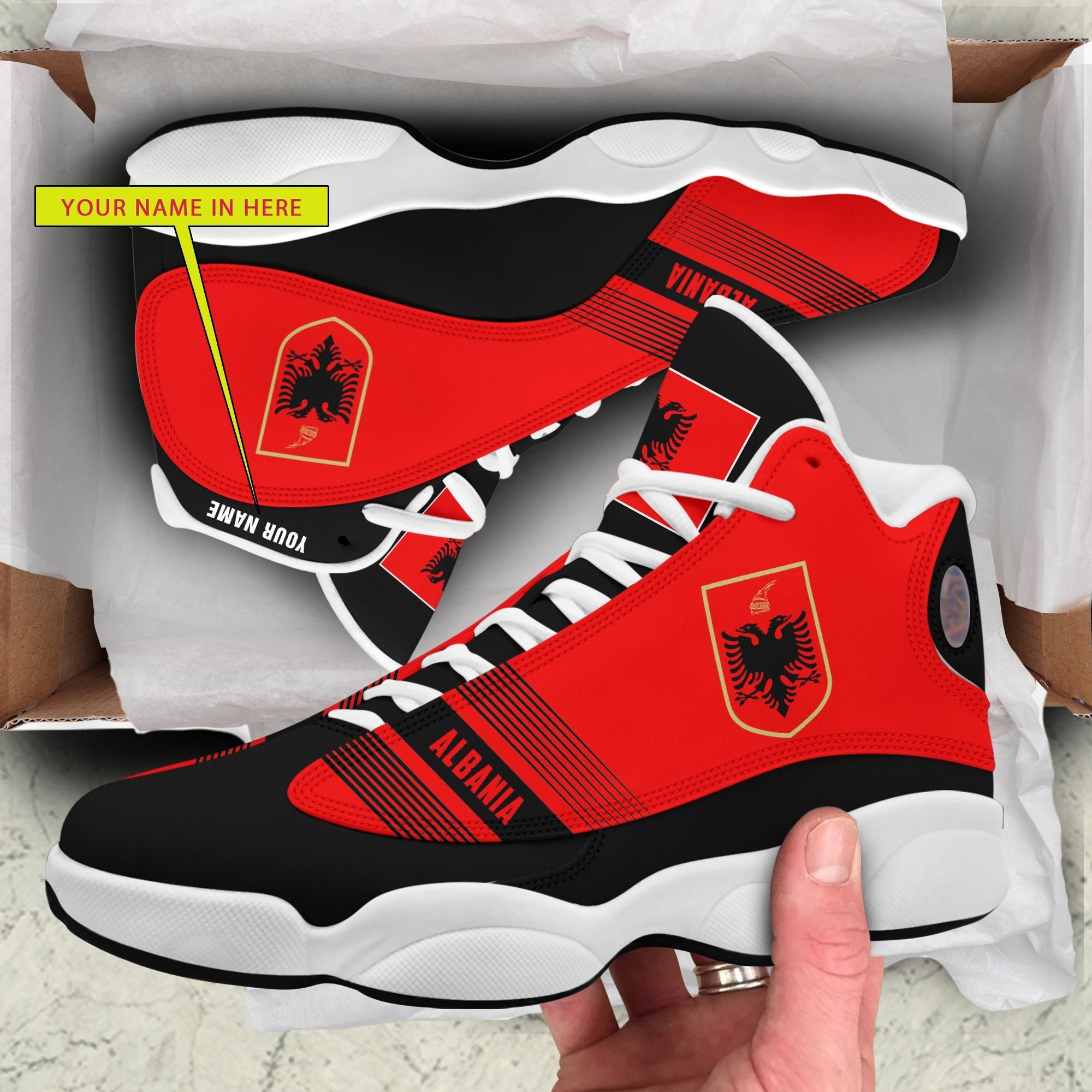 Personalized Coat Of Arms Of Albania Red Black Custom Air Jordan 13 Shoes Personalized Coat Of Arms Of Albania Red Black Custom Air Jordan 13 Shoes
