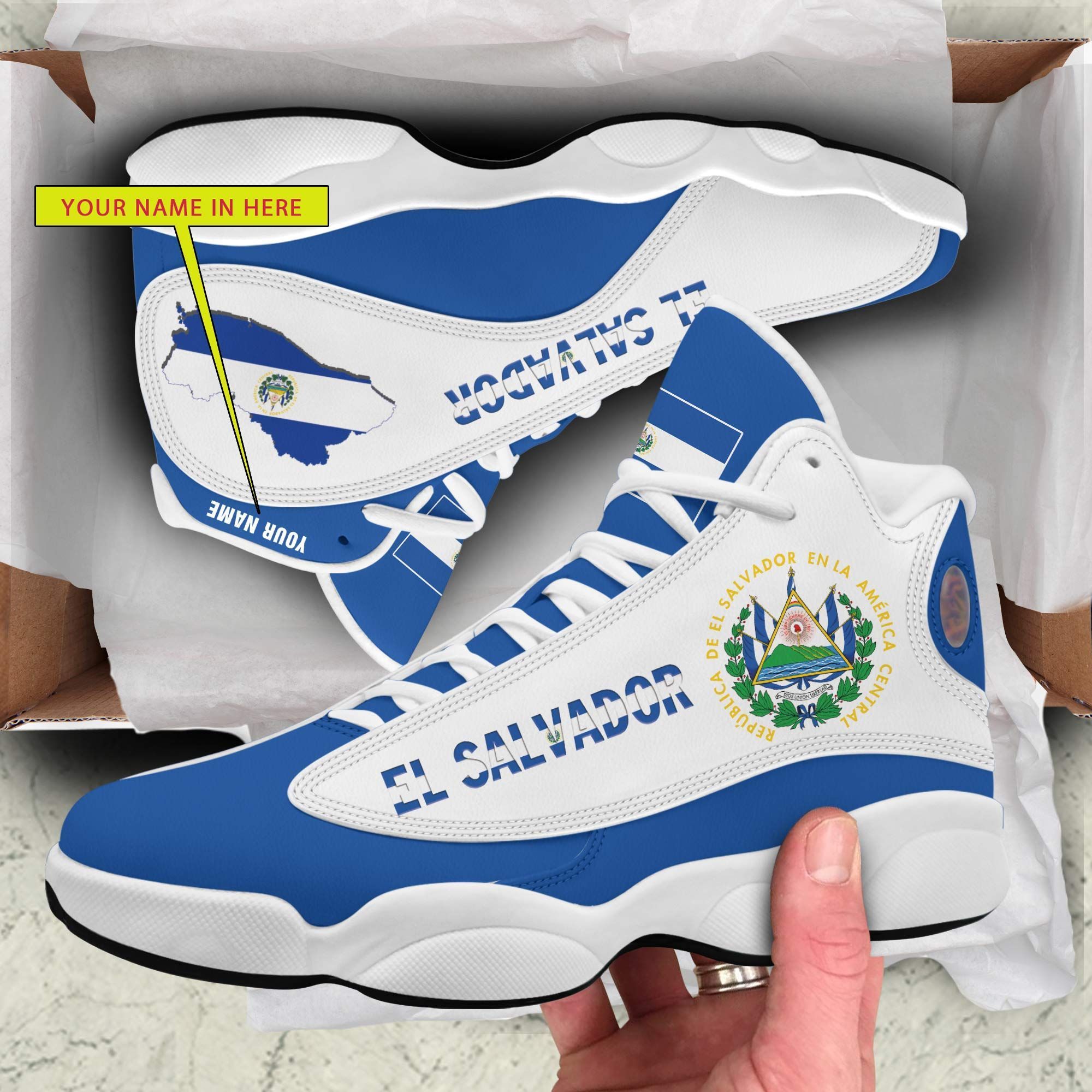 Personalized Coat Of Arms Of El Salvado Blue White Custom Air Jordan 13 Shoes Personalized Coat Of Arms Of El Salvado Blue White Custom Air Jordan 13 Shoes