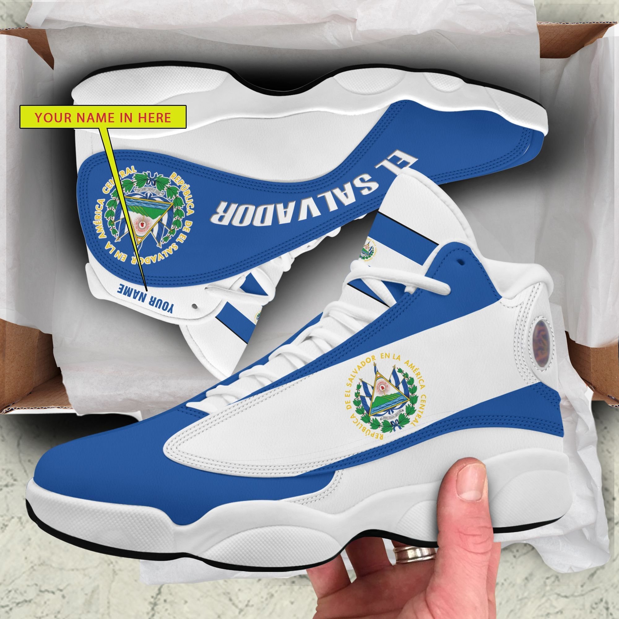 Personalized Coat Of Arms Of El Salvador Blue White Custom Air Jordan 13 Shoes Personalized Coat Of Arms Of El Salvador Blue White Custom Air Jordan 13 Shoes