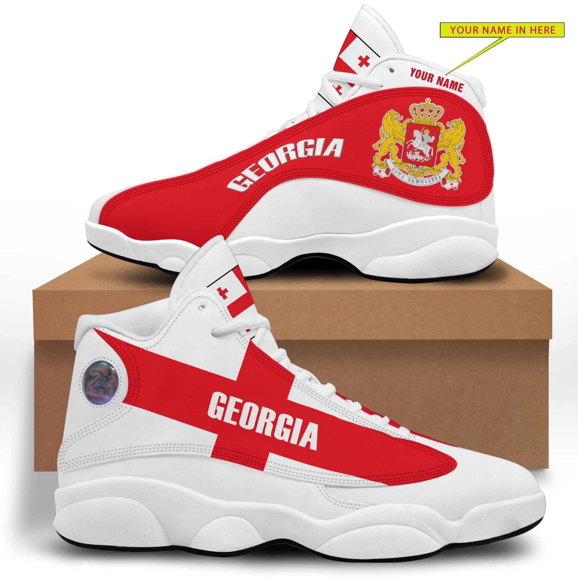 Personalized Coat Of Arms Of Georgia White Red Custom Air Jordan 13 Shoes Personalized Coat Of Arms Of Georgia White Red Custom Air Jordan 13 Shoes