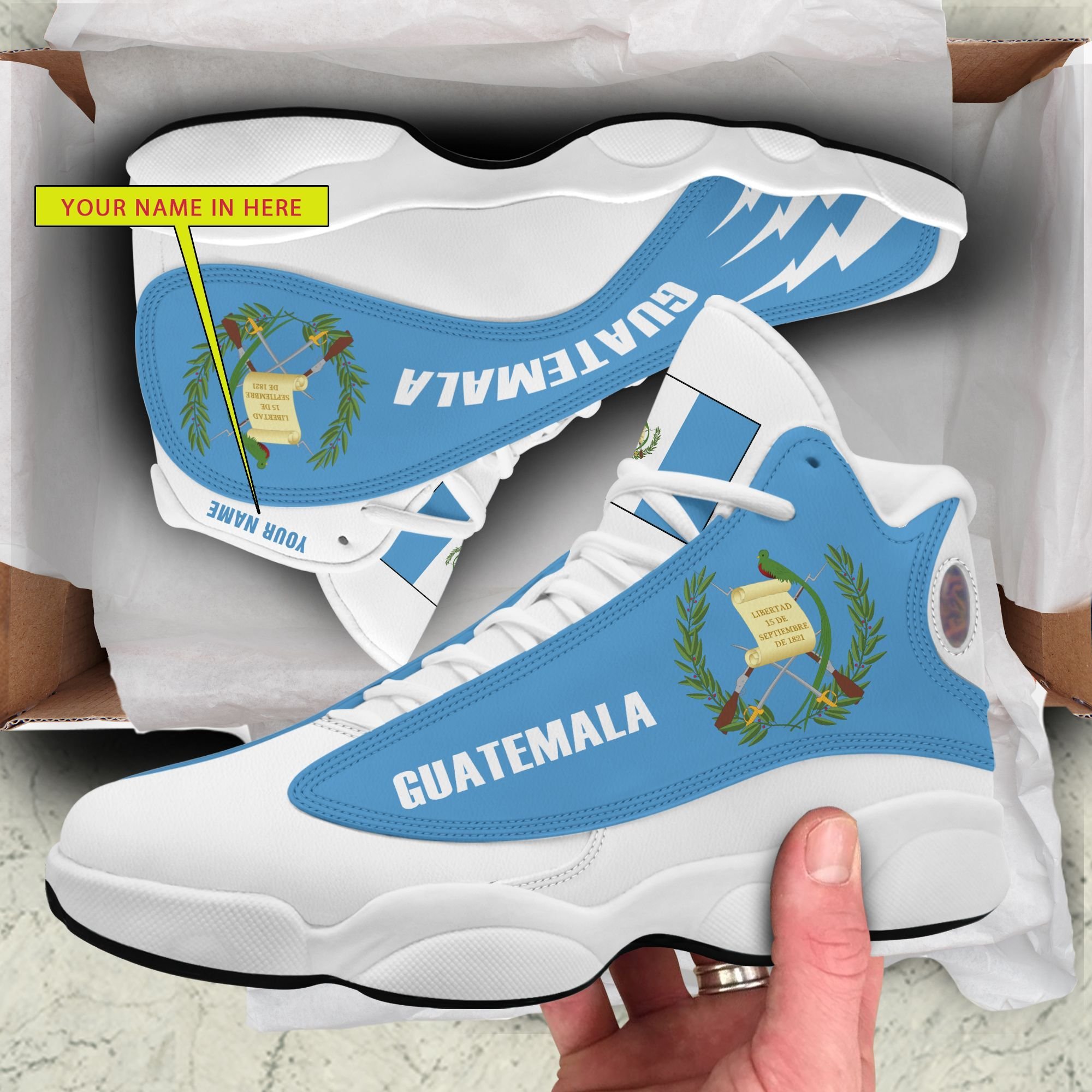 Personalized Coat Of Arms Of Guatemala Custom Air Jordan 13 Shoes Personalized Coat Of Arms Of Guatemala Custom Air Jordan 13 Shoes