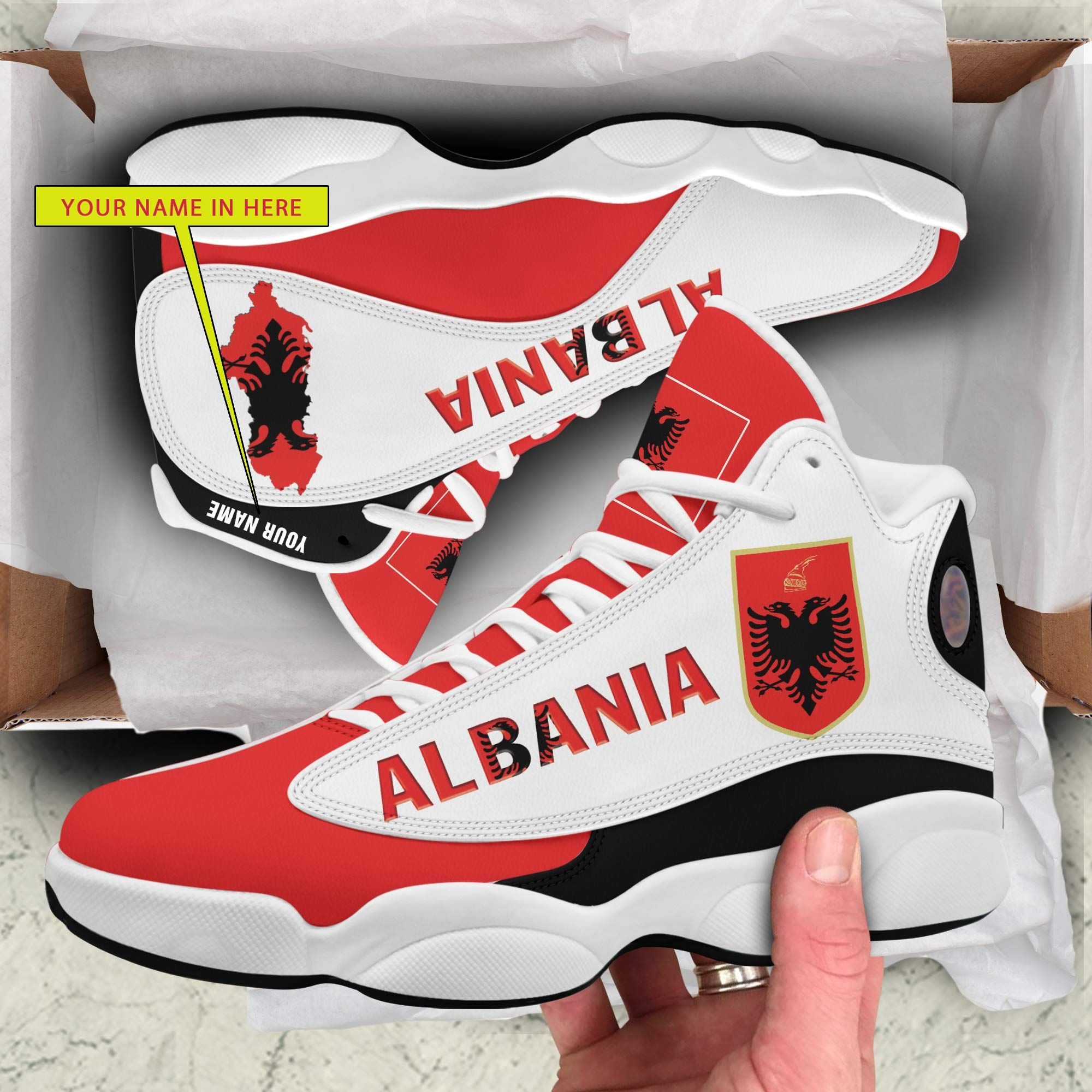 Personalized Coat Of Arms Of The Republic Of Albania Red White Black Custom Air Jordan 13 Shoes Personalized Coat Of Arms Of The Republic Of Albania Red White Black Custom Air Jordan 13 Shoes