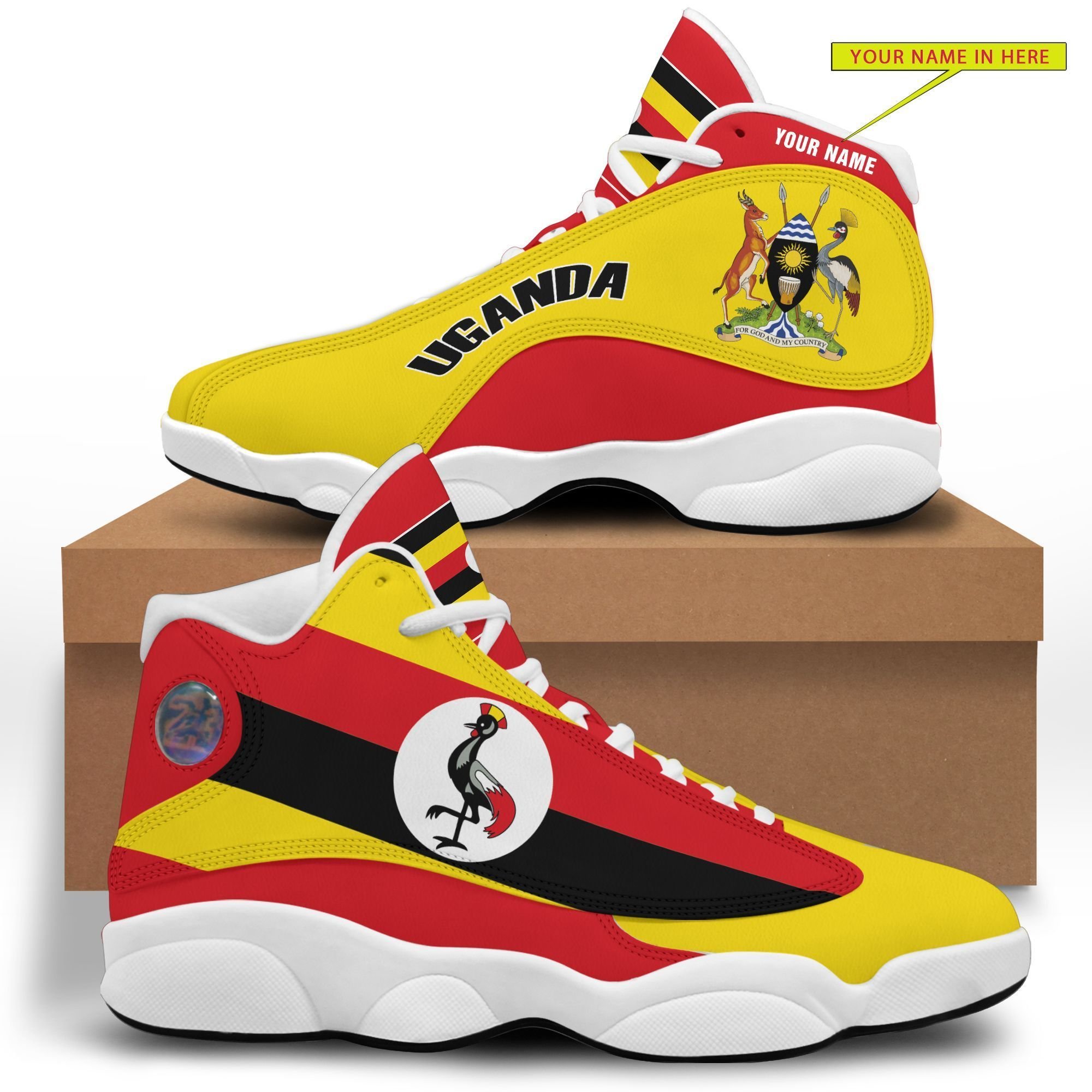 Personalized Coat Of Arms Of Uganda Yellow Red Custom Air Jordan 13 Shoes Personalized Coat Of Arms Of Uganda Yellow Red Custom Air Jordan 13 Shoes