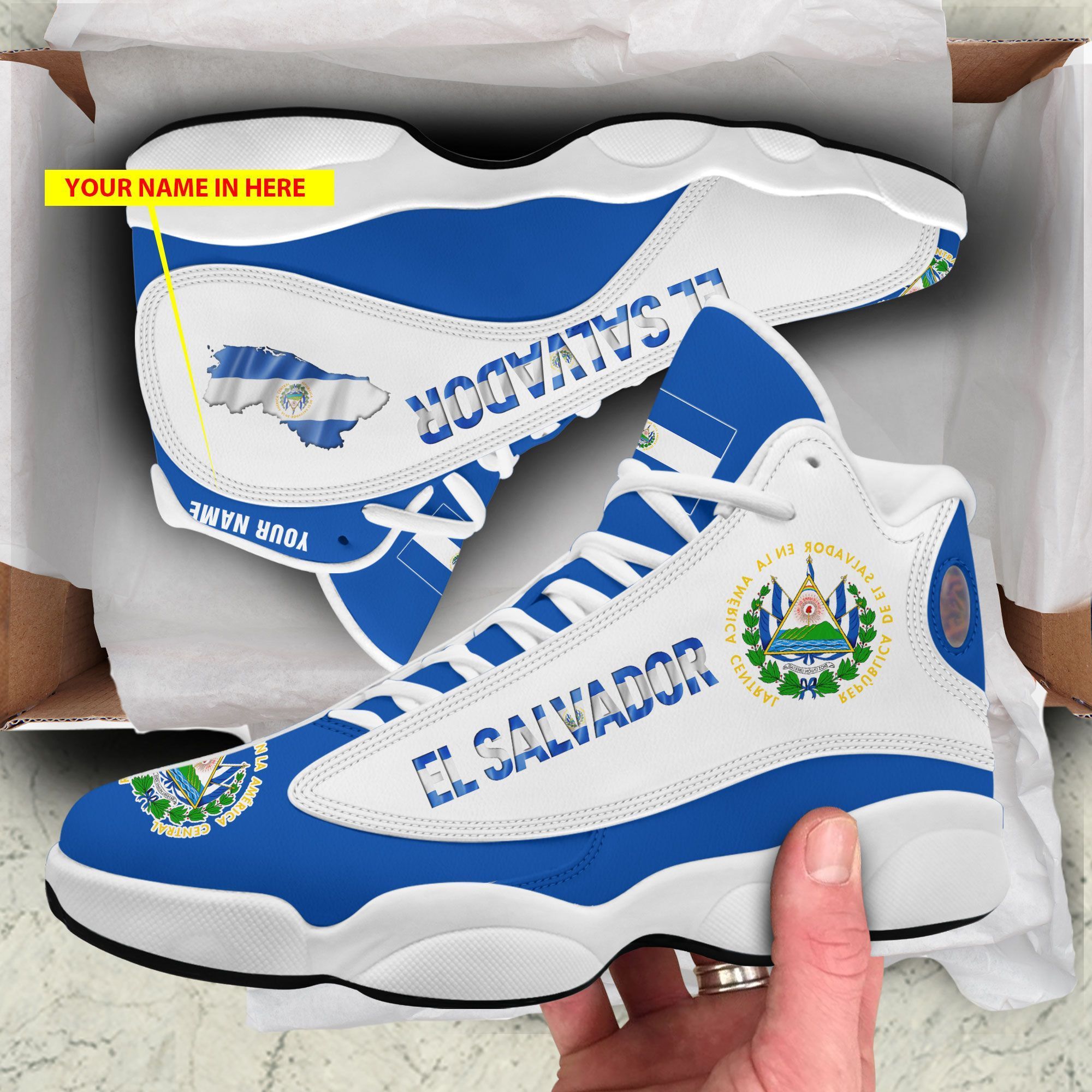 Personalized El Salvador Blue White Custom Air Jordan 13 Shoes Personalized El Salvador Blue White Custom Air Jordan 13 Shoes
