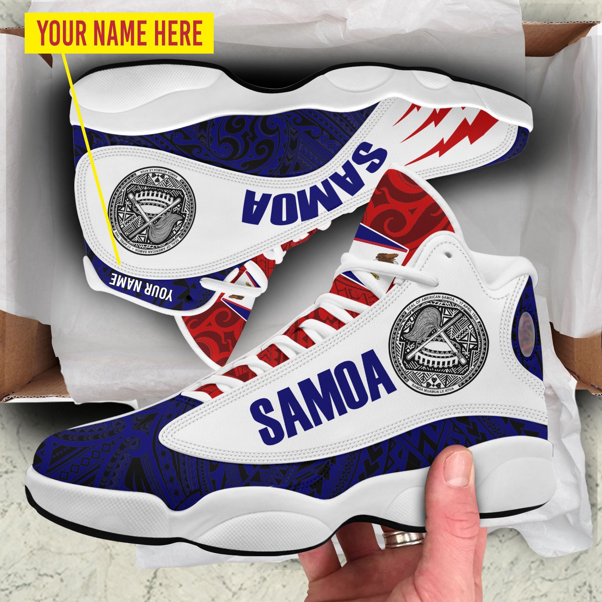 Personalized Samoa White Blue Custom Air Jordan 13 Shoes Personalized Samoa White Blue Custom Air Jordan 13 Shoes