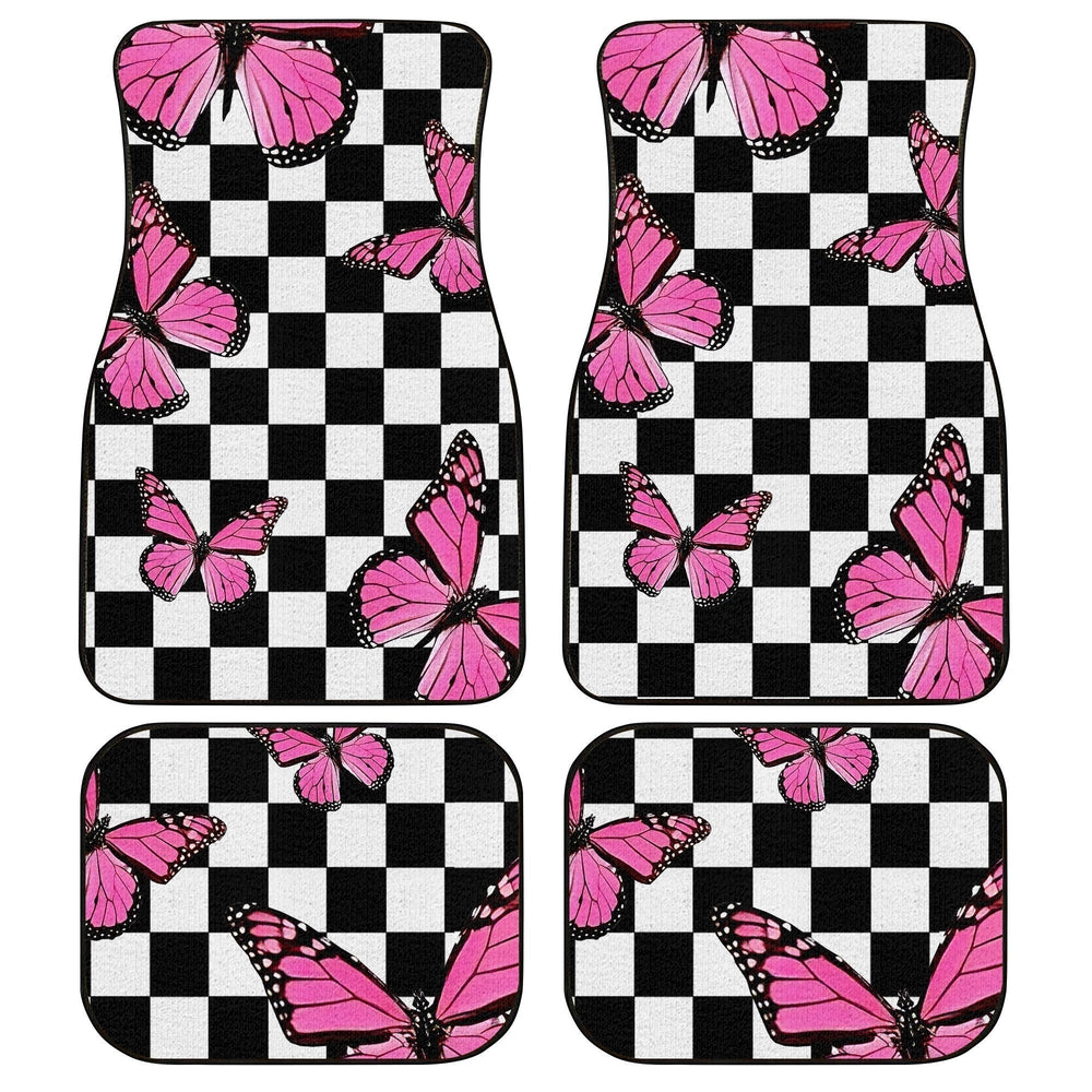 Pink Butterfly Car Floor Mats Custom Checkerboard Car Accessories Pink Butterfly Car Floor Mats Custom Checkerboard Car Accessories