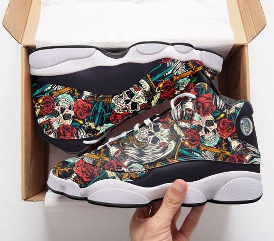 Skull Tattoo Pattern Roses All Over Printed Air Jordan 13 Sneakers Skull Tattoo Pattern Roses All Over Printed Air Jordan 13 Sneakers