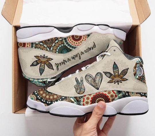 The Mandala Peace Love Weed All Over Printed Air Jordan 13 Sneakers The Mandala Peace Love Weed All Over Printed Air Jordan 13 Sneakers