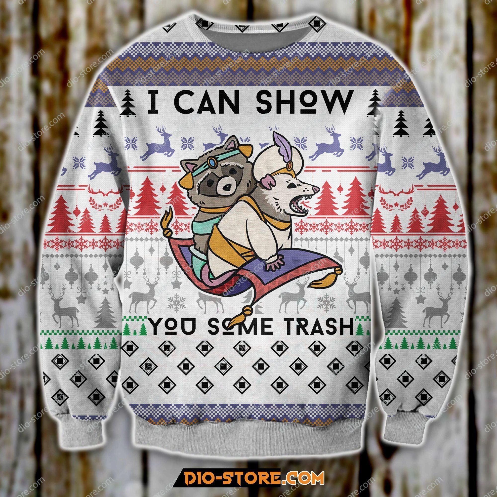 Aladdin Raccon I Can Show You Some Trash Christmas Tree Pattern Reindeer For Unisex Ugly Christmas Sweater Aladdin Raccon I Can Show You Some Trash Christmas Tree Pattern Reindeer For Unisex Ugly Christmas Sweater