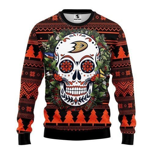 Anaheim Ducks Skull Flower For Unisex Ugly Christmas Sweater Anaheim Ducks Skull Flower For Unisex Ugly Christmas Sweater