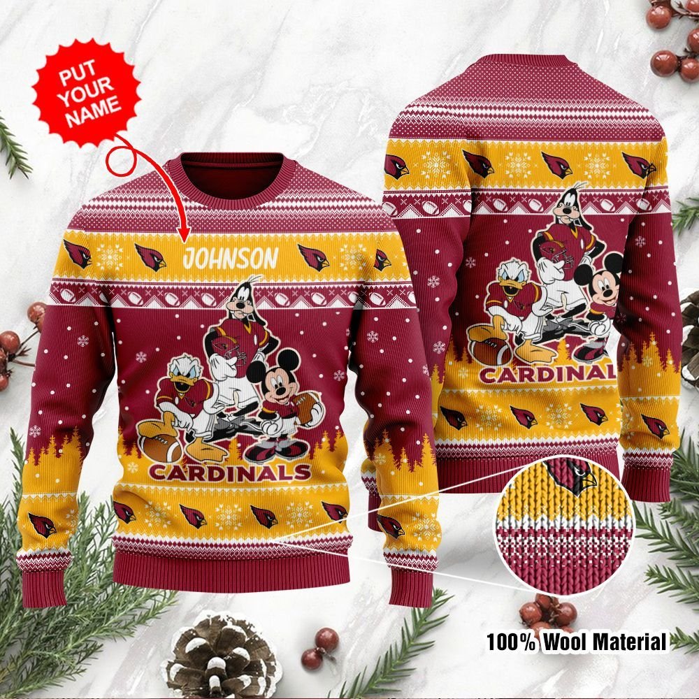 Arizona Cardinals Disney Donald Duck Mickey Mouse Goofy Personalized Ugly Christmas Sweater Arizona Cardinals Disney Donald Duck Mickey Mouse Goofy Personalized Ugly Christmas Sweater