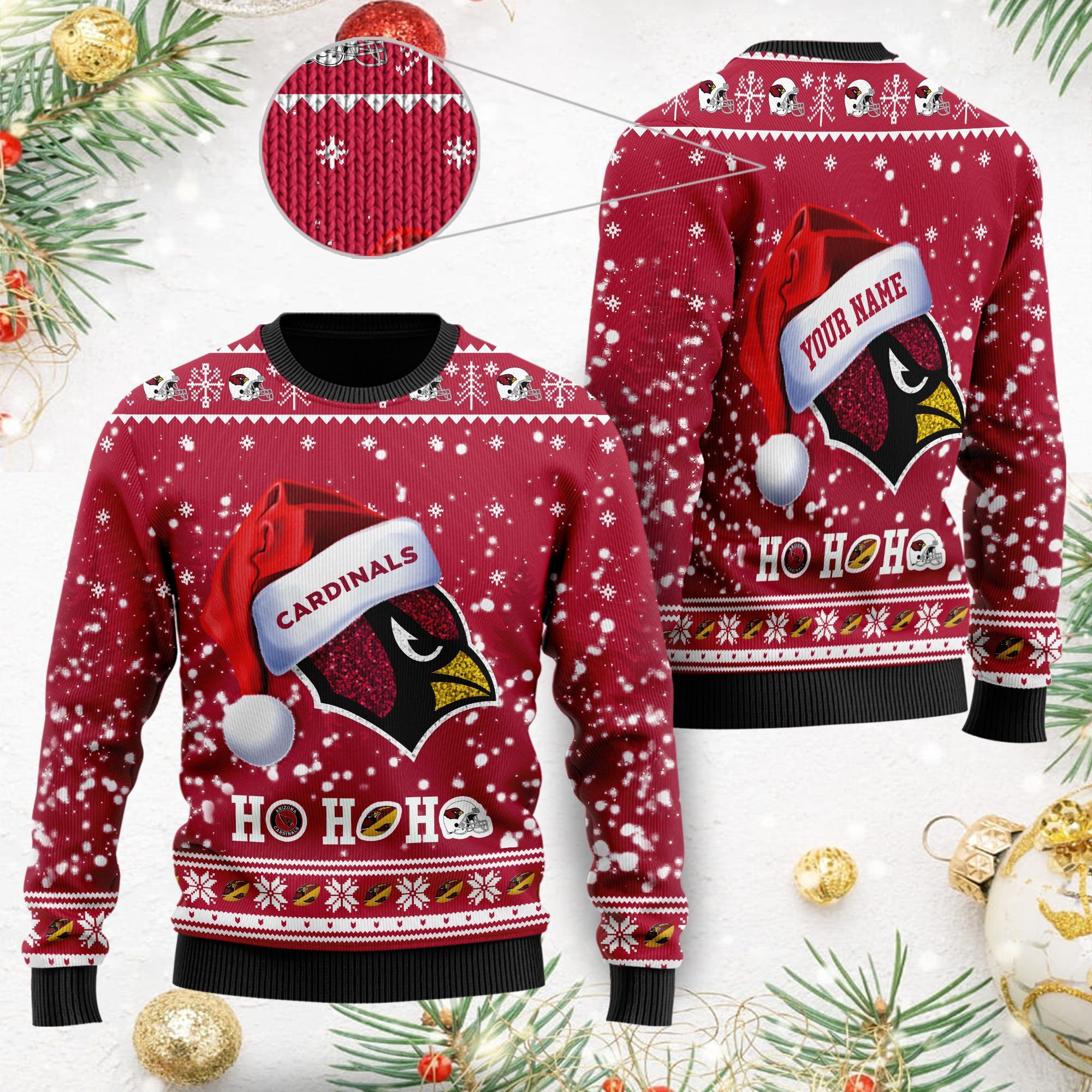 Arizona Cardinals Symbol Wearing Santa Claus Hat Ho Ho Ho Custom Personalized Ugly Christmas Sweater Arizona Cardinals Symbol Wearing Santa Claus Hat Ho Ho Ho Custom Personalized Ugly Christmas Sweater