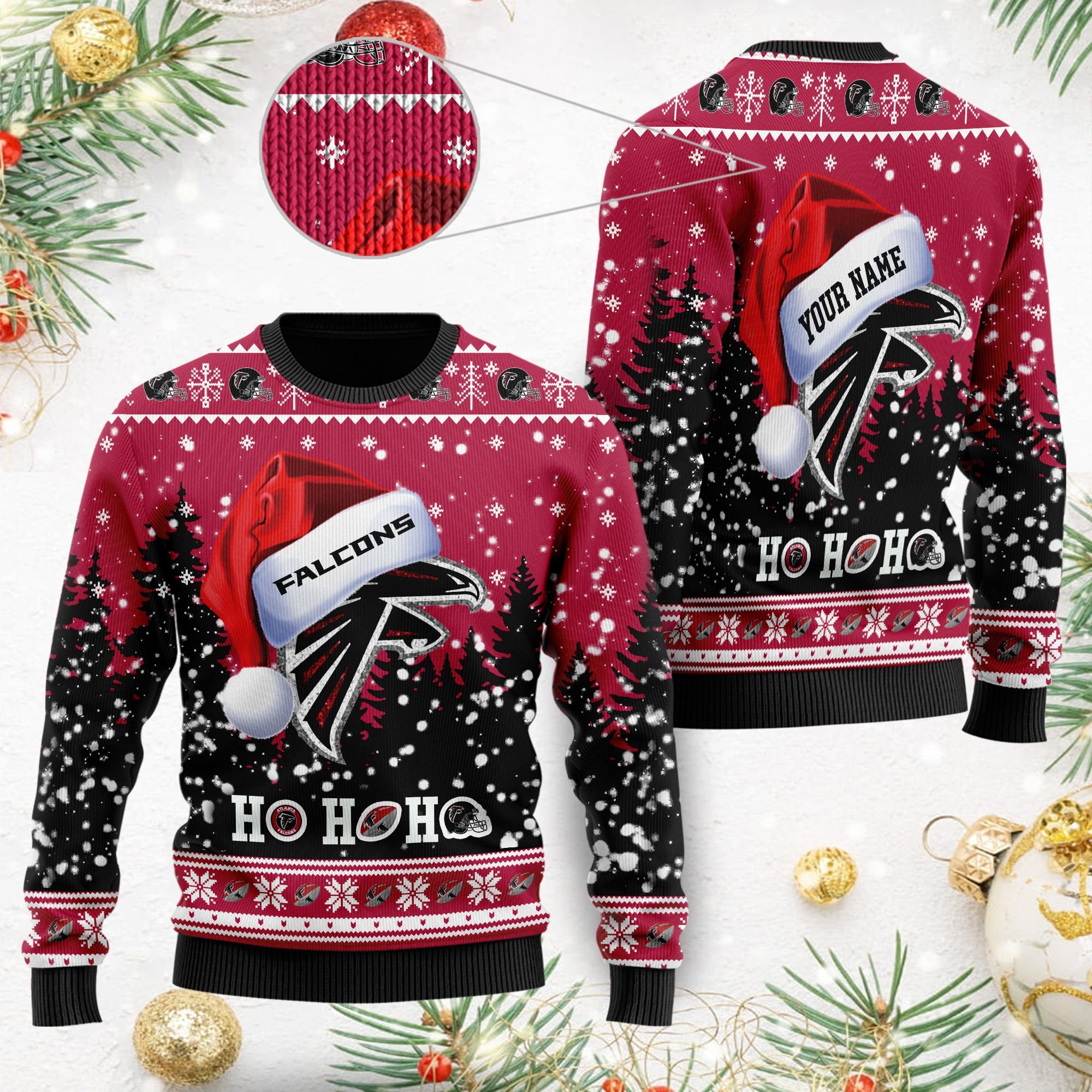 Atlanta Falcons Symbol Wearing Santa Claus Hat Ho Ho Ho Custom Personalized Ugly Christmas Sweater Atlanta Falcons Symbol Wearing Santa Claus Hat Ho Ho Ho Custom Personalized Ugly Christmas Sweater