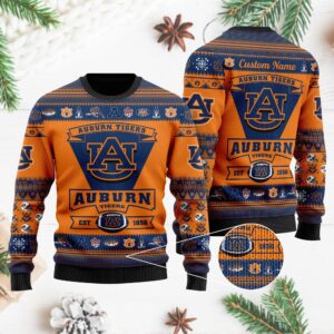 Auburn Tigers Football Team Logo Custom Name Personalized Ugly Christmas Sweater