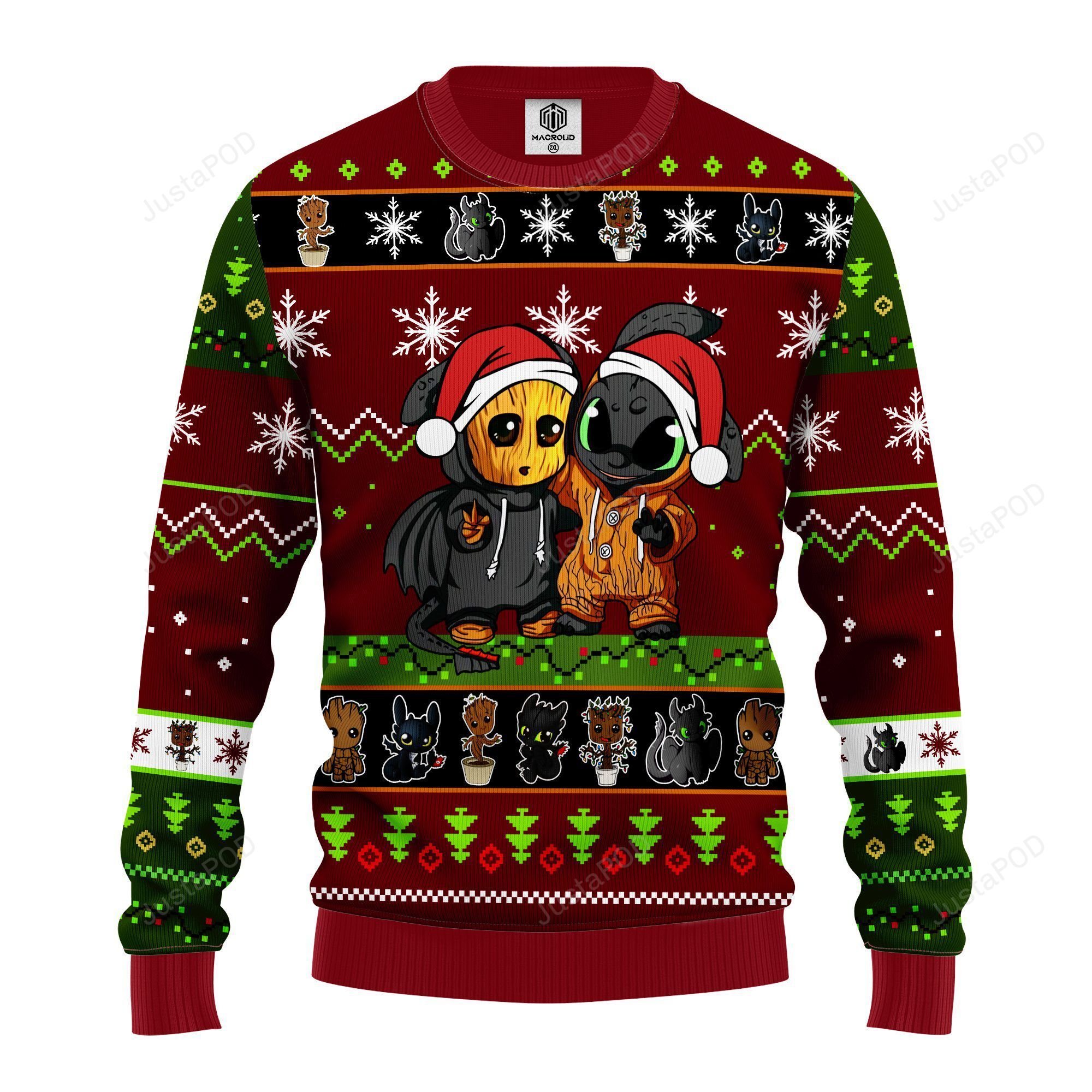 Baby Groot And Toothless Unicorn Christmas Sweater Brown Green Baby Groot And Toothless Unicorn Christmas Sweater Brown Green