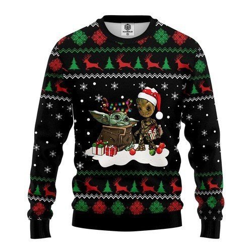 Baby Yoda Meet Baby Groot For Unisex Ugly Christmas Sweater Baby Yoda Meet Baby Groot For Unisex Ugly Christmas Sweater