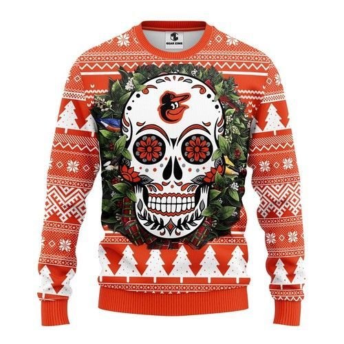 Baltimore Orioles Skull Flower Ugly Christmas Sweater Baltimore Orioles Skull Flower Ugly Christmas Sweater