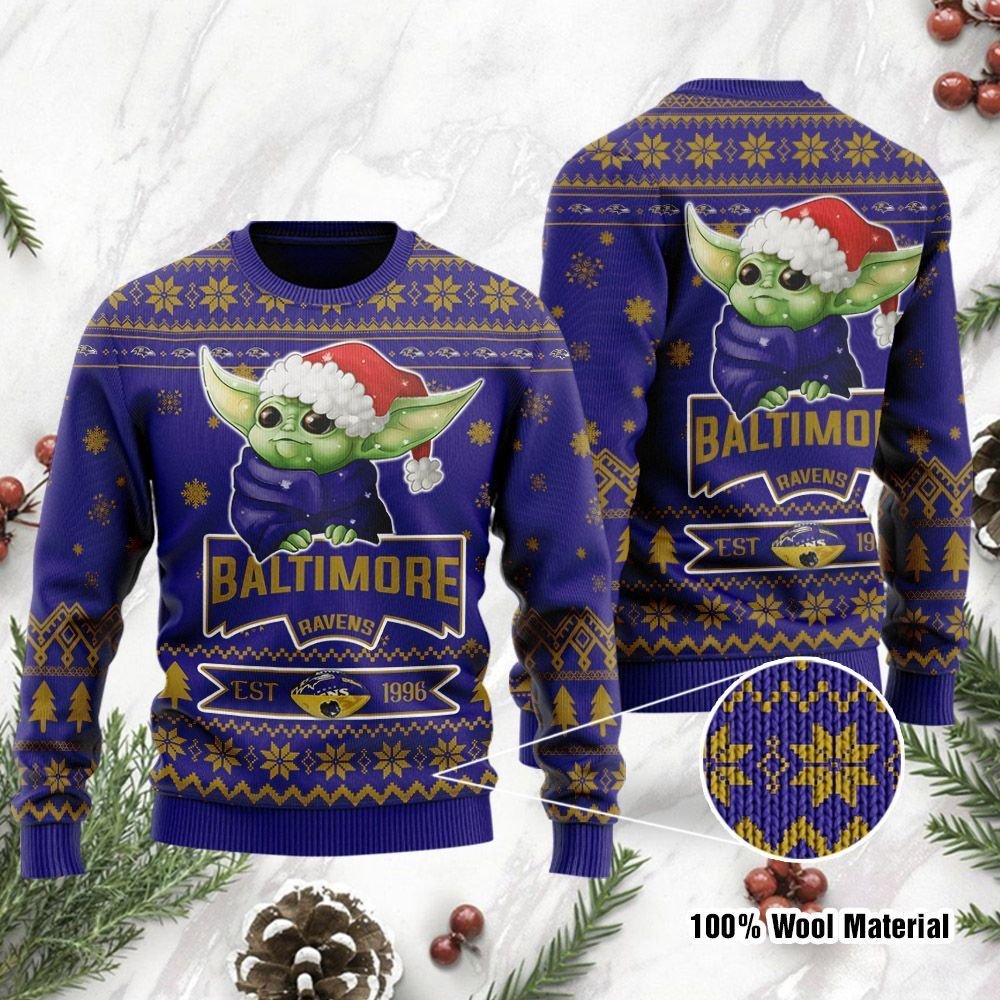 Baltimore Ravens Cute Baby Yoda Grogu Ugly Christmas Sweater Baltimore Ravens Cute Baby Yoda Grogu Ugly Christmas Sweater