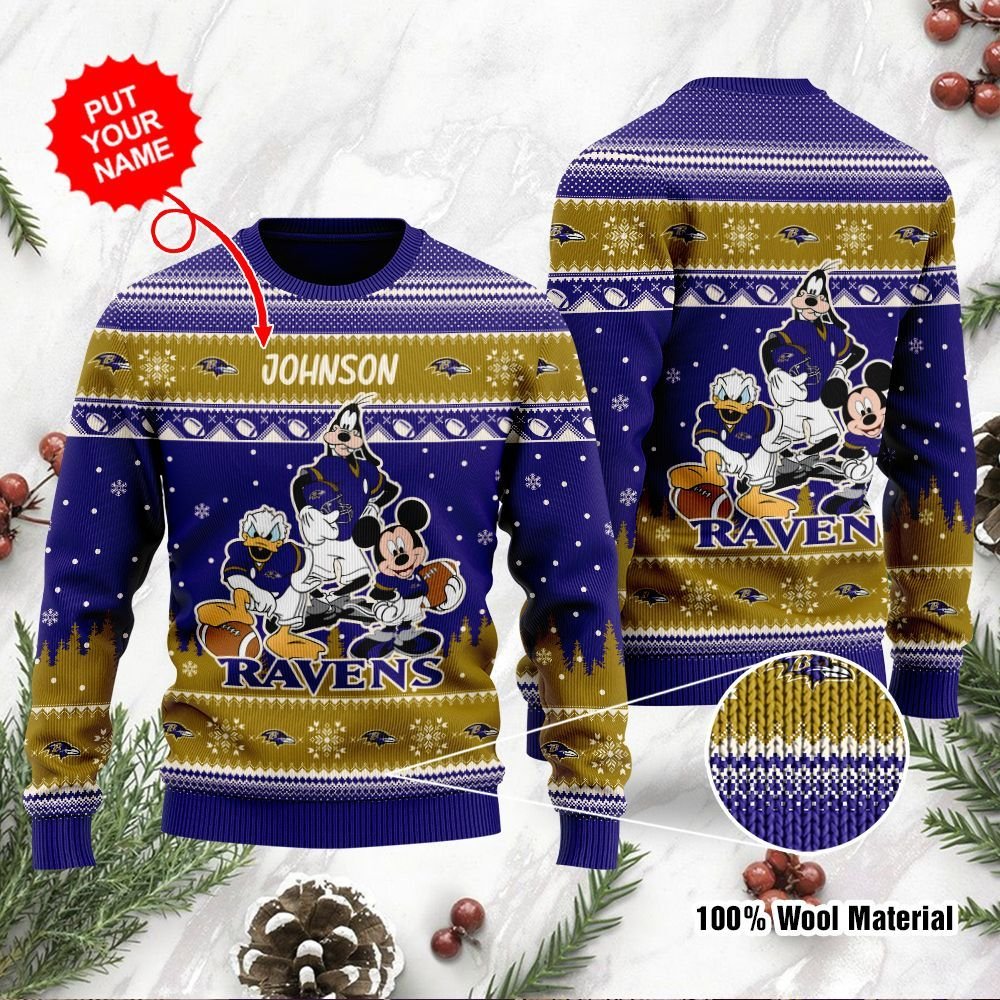 Baltimore Ravens Disney Donald Duck Mickey Mouse Goofy Personalized Ugly Christmas Sweater Baltimore Ravens Disney Donald Duck Mickey Mouse Goofy Personalized Ugly Christmas Sweater