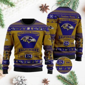 Baltimore Ravens Football Team Logo Custom Name Personalized Ugly Christmas Sweater
