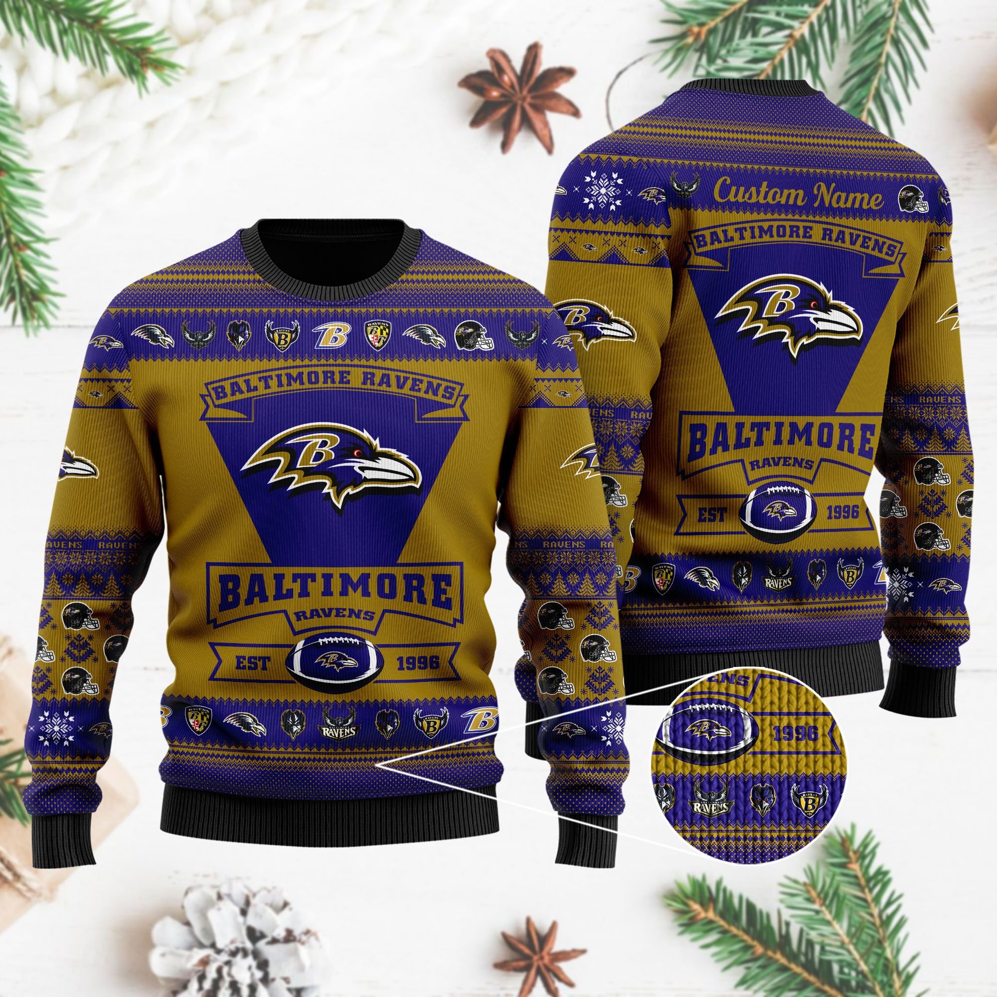 Baltimore Ravens Football Team Logo Custom Name Personalized Ugly Christmas Sweater Baltimore Ravens Football Team Logo Custom Name Personalized Ugly Christmas Sweater