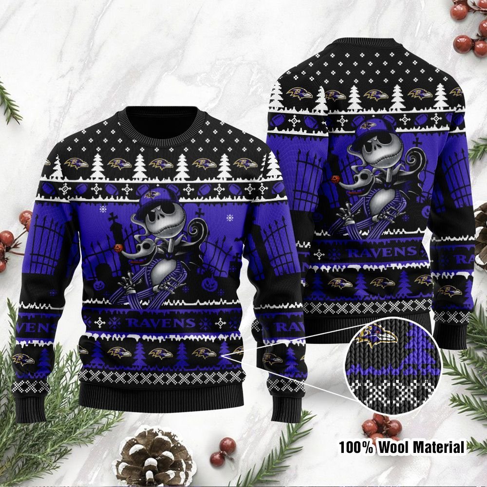 Baltimore Ravens Jack Skellington Halloween Holiday Party Ugly Christmas Sweater Baltimore Ravens Jack Skellington Halloween Holiday Party Ugly Christmas Sweater