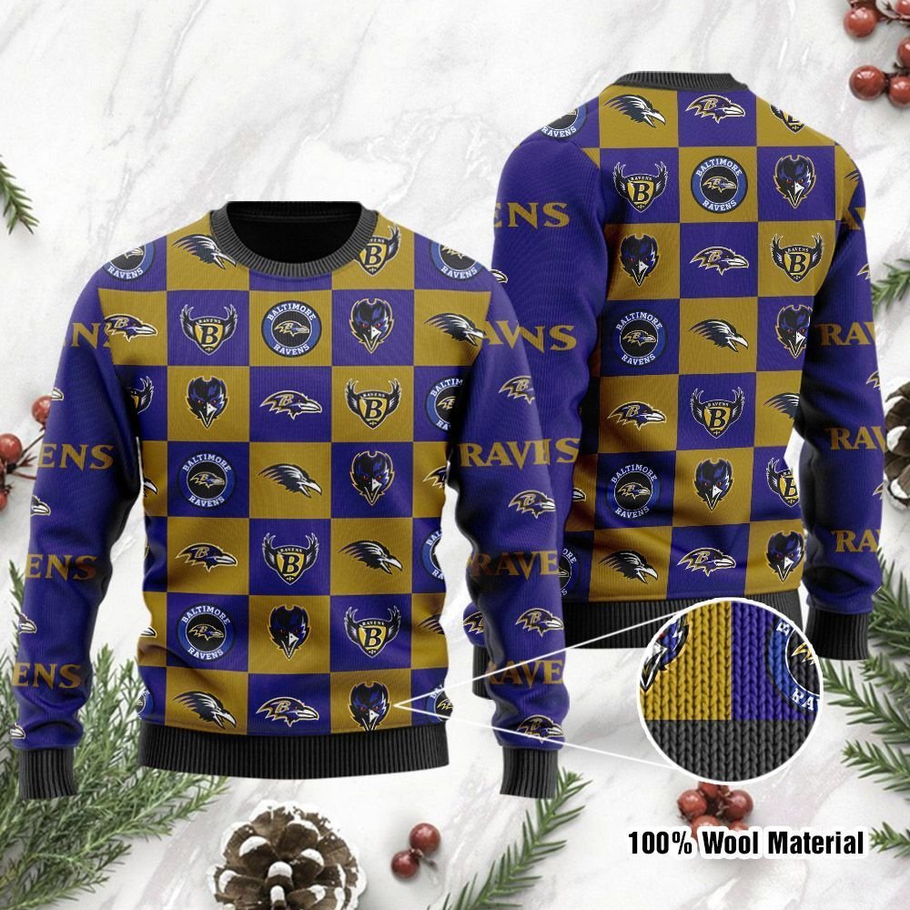 Baltimore Ravens Logo Checkered Flannel Design Ugly Christmas Sweater Baltimore Ravens Logo Checkered Flannel Design Ugly Christmas Sweater