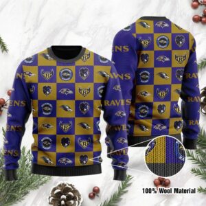 Baltimore Ravens Logo Checkered Flannel Ugly Christmas Sweater
