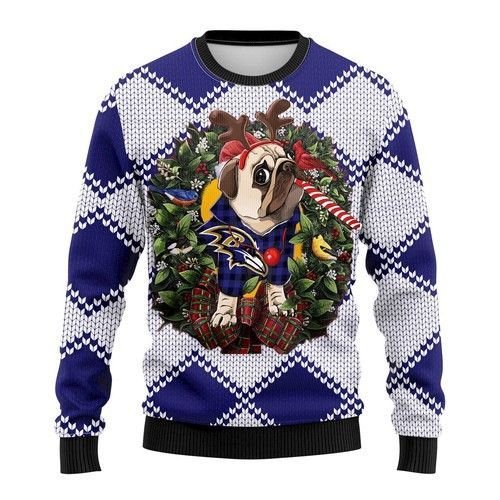 Baltimore Ravens Pug Dog Ugly Christmas Sweater Baltimore Ravens Pug Dog Ugly Christmas Sweater
