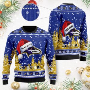 Baltimore Ravens Symbol Wearing Santa Claus Hat Ho Ho Ho Custom Personalized Ugly Christmas Sweater