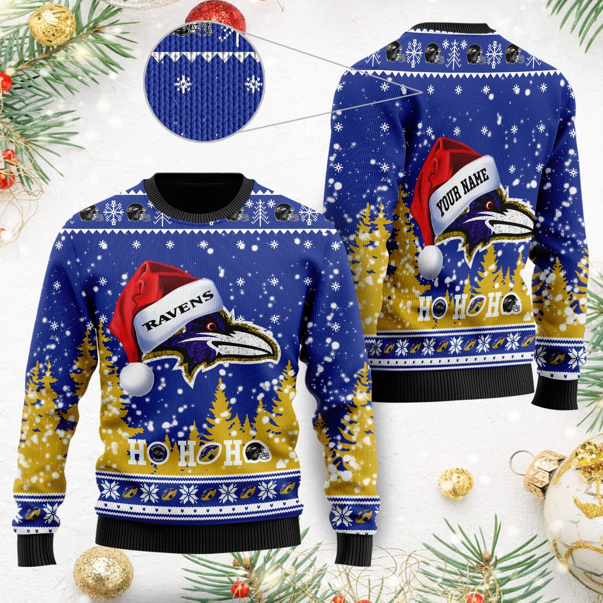 Baltimore Ravens Symbol Wearing Santa Claus Hat Ho Ho Ho Custom Personalized Ugly Christmas Sweater Baltimore Ravens Symbol Wearing Santa Claus Hat Ho Ho Ho Custom Personalized Ugly Christmas Sweater