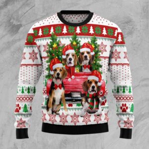 Beagle Red Truck Ugly Christmas Sweater