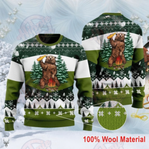 Bear Beer Campfire Ugly Christmas Sweater