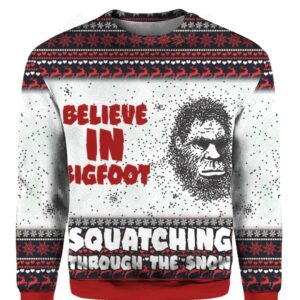 Believe In Bigfoot Squat Ching Through The Snow 3D Ugly Christmas Sweater
