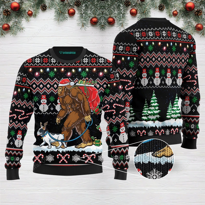 Bigfoot And French Bulldog Ugly Christmas Sweater Bigfoot And French Bulldog Ugly Christmas Sweater