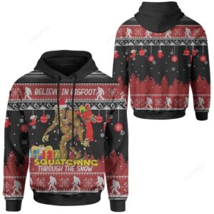 Bigfoot Christmas Believe In Bigfoot Squadching Through The Snow 3D Hoodie