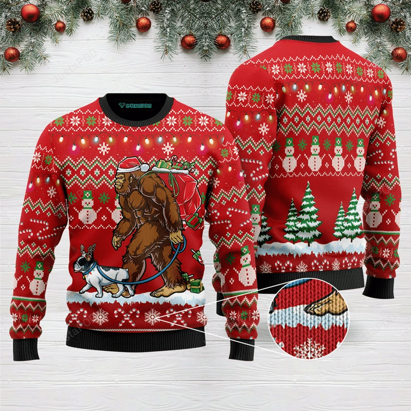 Bigfoot French Bulldog Ugly Christmas Sweater Bigfoot French Bulldog Ugly Christmas Sweater