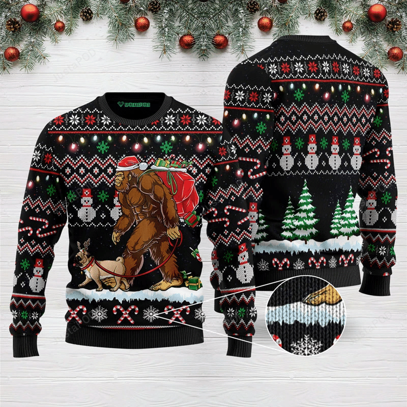 Bigfoot Pug Ugly Christmas Sweater Bigfoot Pug Ugly Christmas Sweater