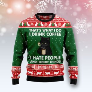 Black Cat Drink Coffee G51022 Ugly Christmas Sweater unisex womens & mens