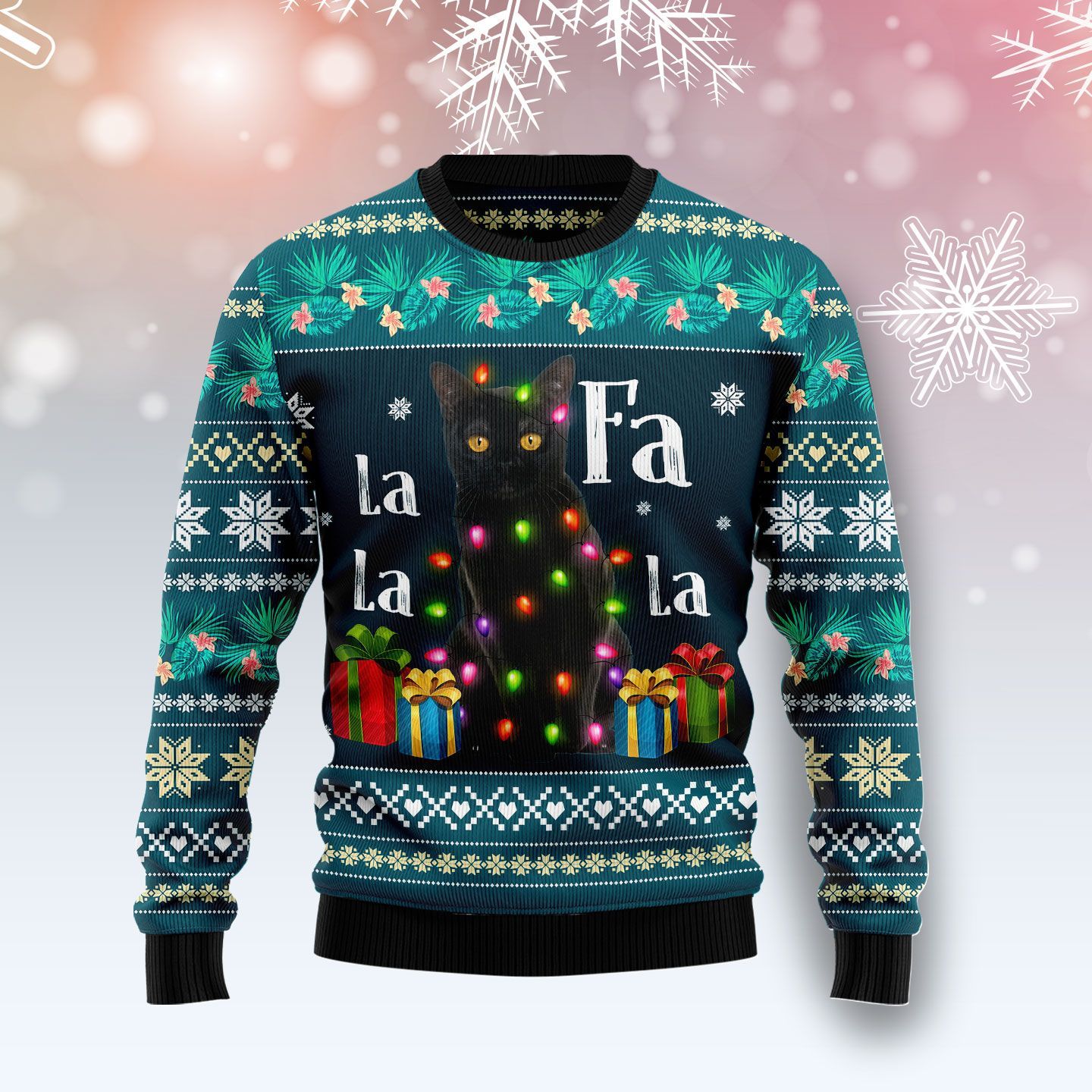 Black Cat Falalala Ugly Christmas Sweater Black Cat Falalala Ugly Christmas Sweater
