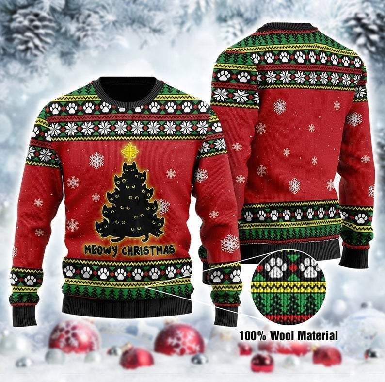 Black Cat Tree Meowy Ugly Christmas Sweater Black Cat Tree Meowy Ugly Christmas Sweater