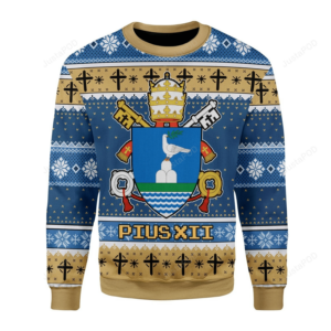 Blue Brown Christmas Pius Xll Coat Of Arms Gearhomies For Unisex Ugly Christmas Sweater