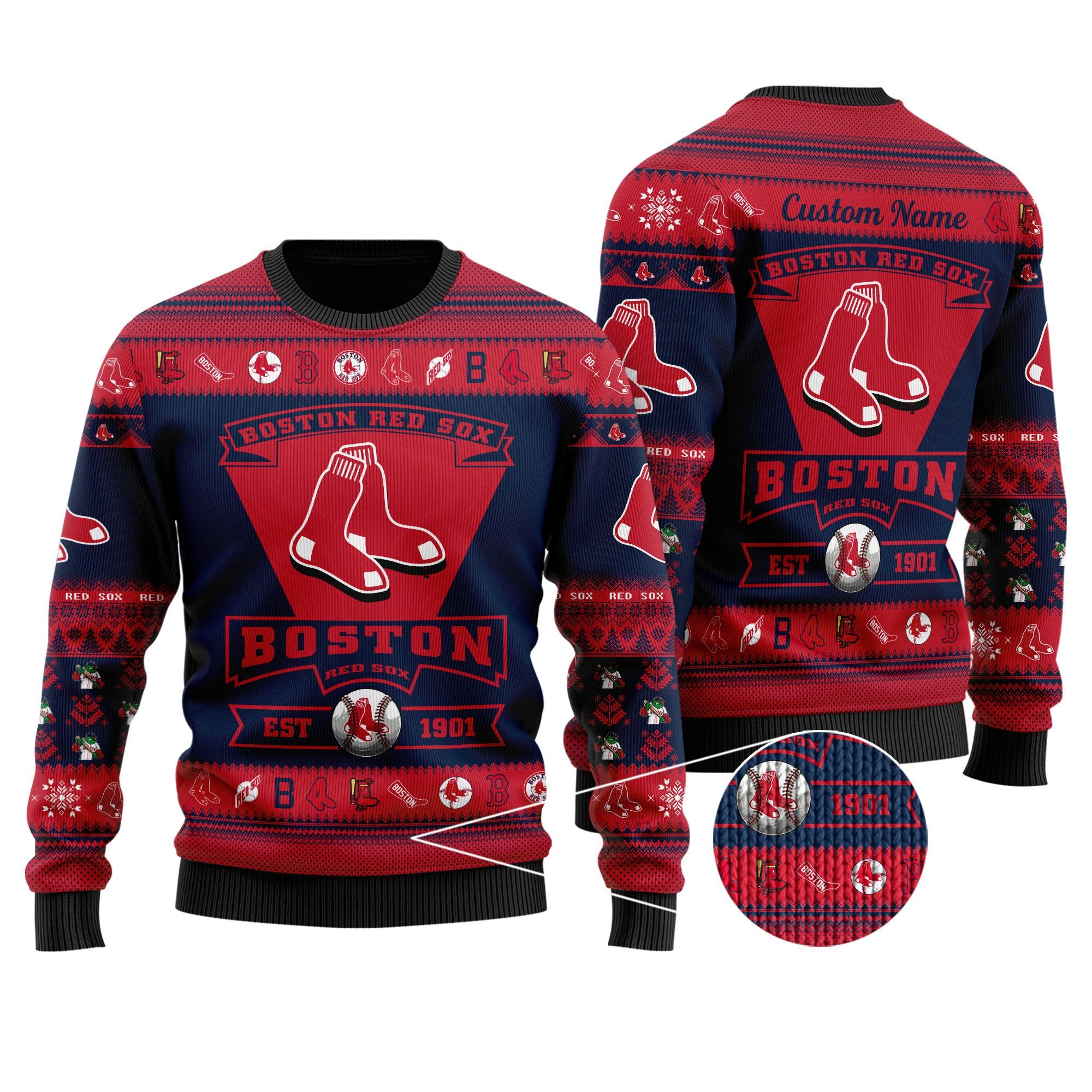 Boston Red Sox Football Team Logo Custom Name Personalized Ugly Christmas Sweater Boston Red Sox Football Team Logo Custom Name Personalized Ugly Christmas Sweater
