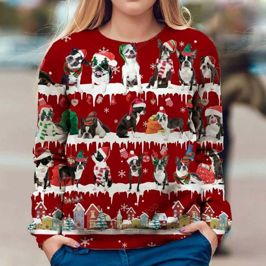 Boston Terrier Dog Snow Christmas Ugly Sweater Boston Terrier Dog Snow Christmas Ugly Sweater